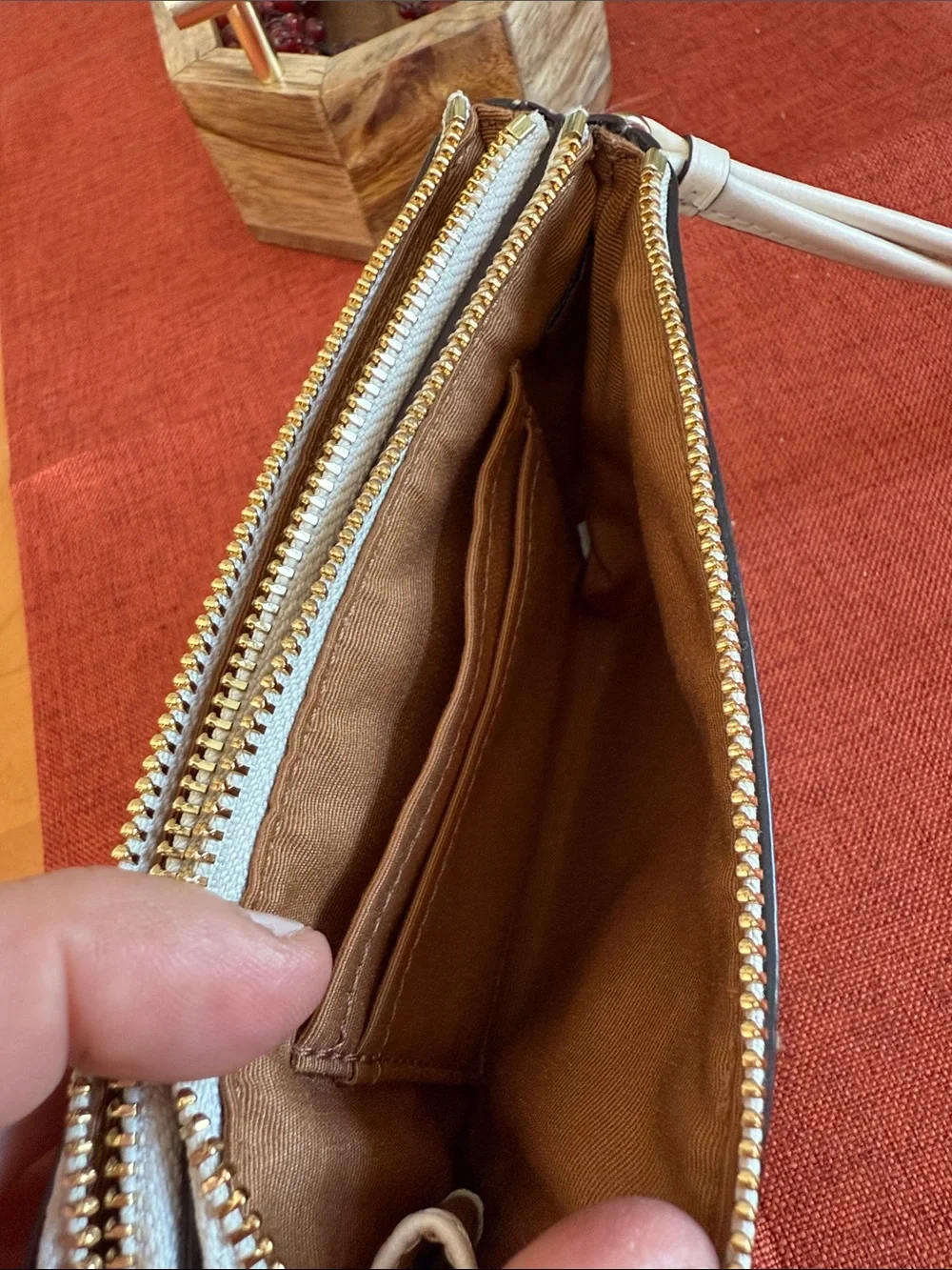 Coach Tan and Chalk Double-Zip Wristlet